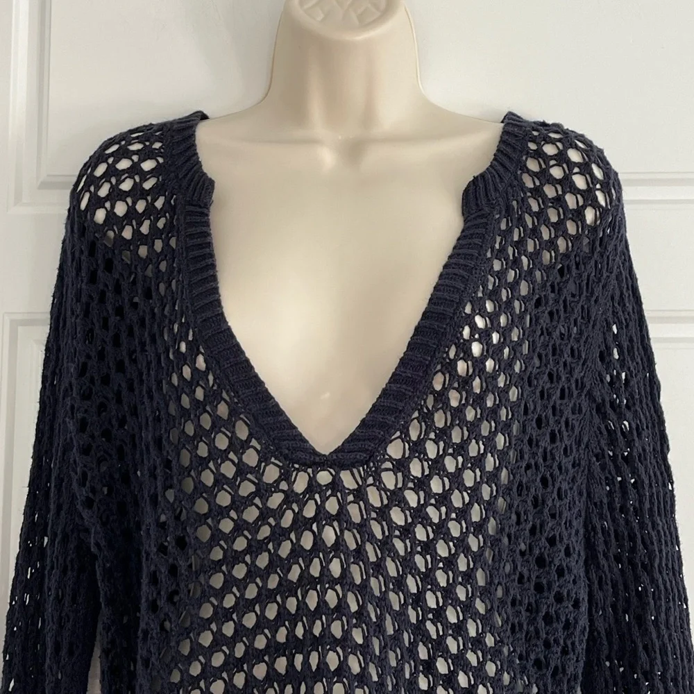 Michael Kors Cotton Navy Deep V Neck Open Knit Crochet Tunic Cover Up Dress XL